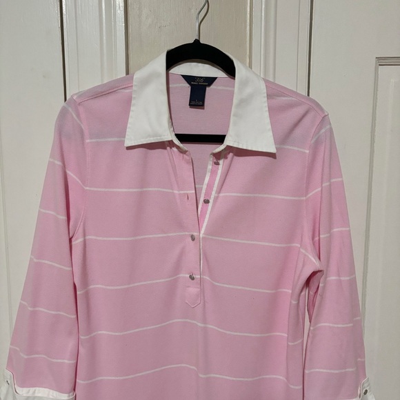 Brooks Brothers Pink White Striped Polo Dress Large White Collar French Cuffs - Picture 3 of 10